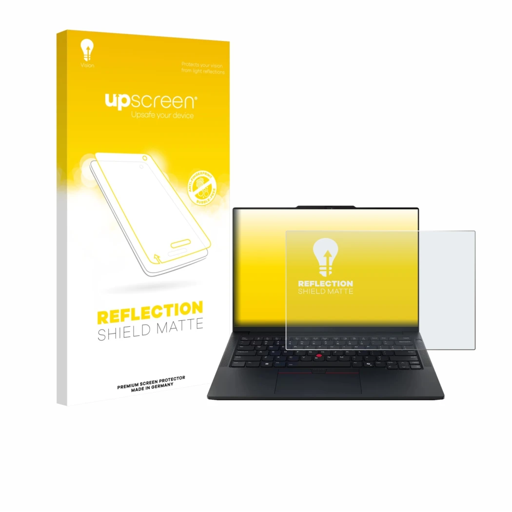 Parte frontal de un envase de producto con el logotipo de la marca upscreen. Al lado se muestra el dispositivo Lenovo ThinkPad