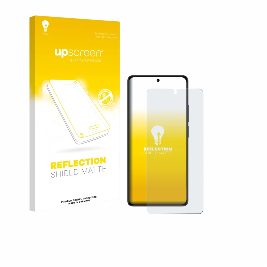 Parte frontal de un envase de producto con el logotipo de la marca upscreen. Al lado se muestra el dispositivo Xiaomi Poco M6