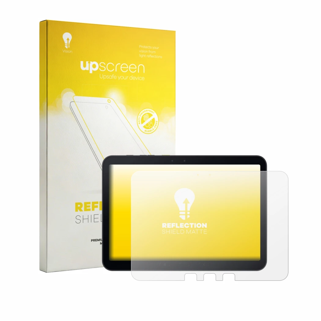 Parte frontal de un envase de producto con el logotipo de la marca upscreen. Al lado se muestra el dispositivo Samsung Galaxy