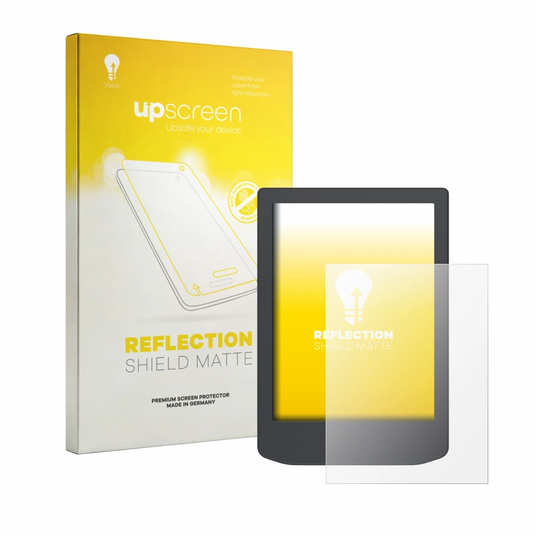 Parte frontal de un envase de producto con el logotipo de la marca upscreen. Al lado se muestra el dispositivo PocketBook Vers