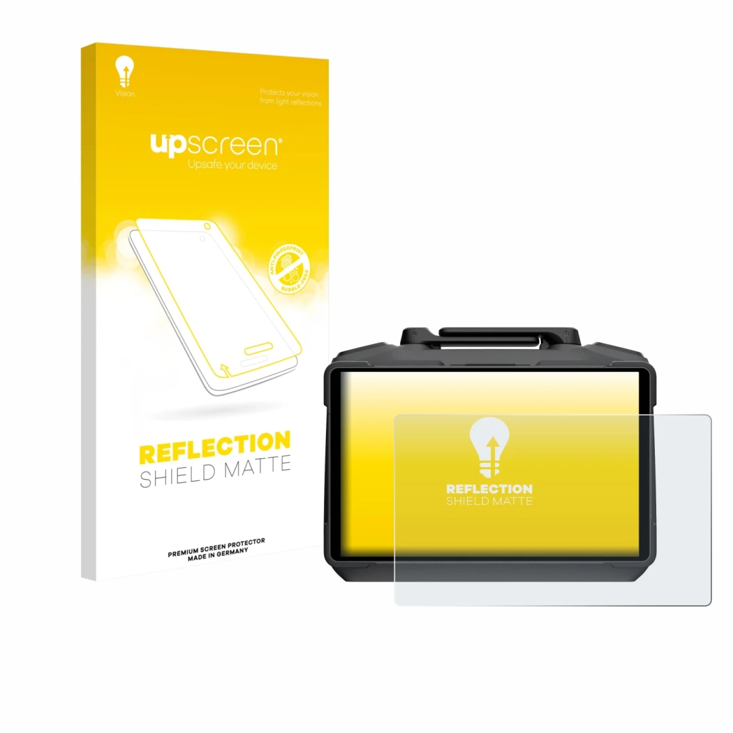 Parte frontal de un envase de producto con el logotipo de la marca upscreen. Al lado se muestra el dispositivo DJI RC Pro 2 co