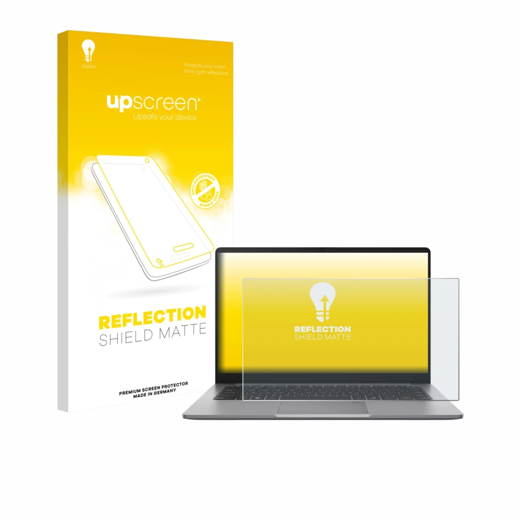 Parte frontal de un envase de producto con el logotipo de la marca upscreen. Al lado se muestra el dispositivo ASUS ExpertBook