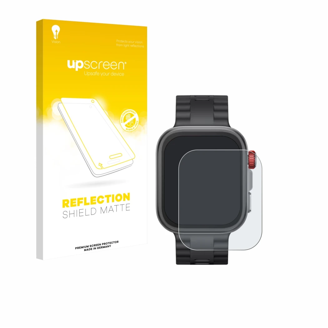 Parte frontal de un envase de producto con el logotipo de la marca upscreen. Al lado se muestra el dispositivo Huawei Watch Fi