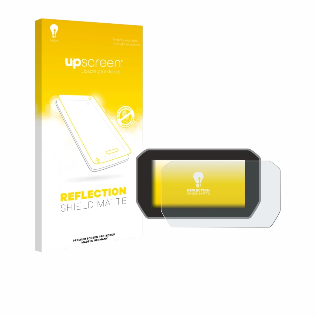 Parte frontal de un envase de producto con el logotipo de la marca upscreen. Al lado se muestra el dispositivo Ducati V4 Rally