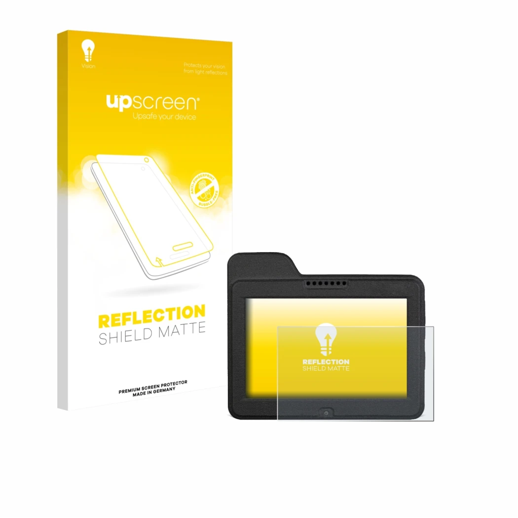 Parte frontal de un envase de producto con el logotipo de la marca upscreen. Al lado se muestra el dispositivo Naviter Omni co