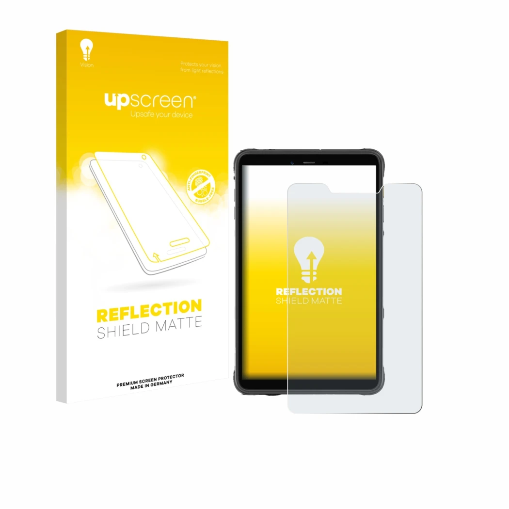Parte frontal de un envase de producto con el logotipo de la marca upscreen. Al lado se muestra el dispositivo Ulefone Armor P