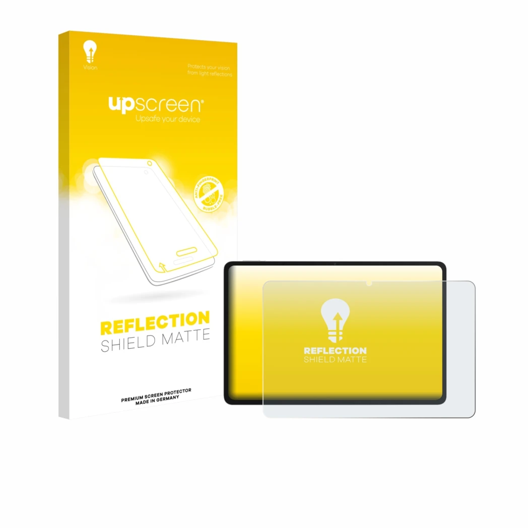 Parte frontal de un envase de producto con el logotipo de la marca upscreen. Al lado se muestra el dispositivo Honor Pad 10 co