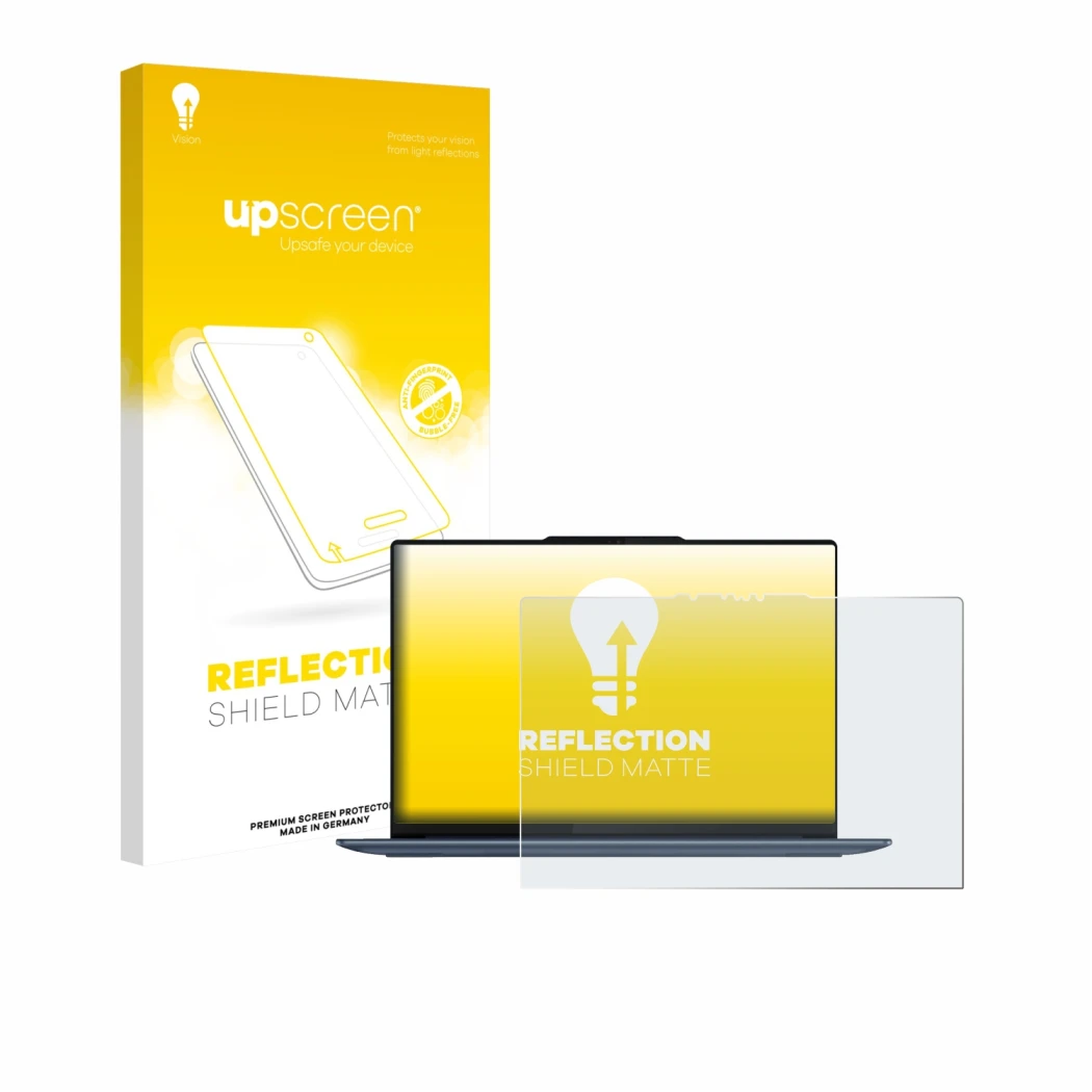 Parte frontal de un envase de producto con el logotipo de la marca upscreen. Al lado se muestra el dispositivo Lenovo Yoga Sli