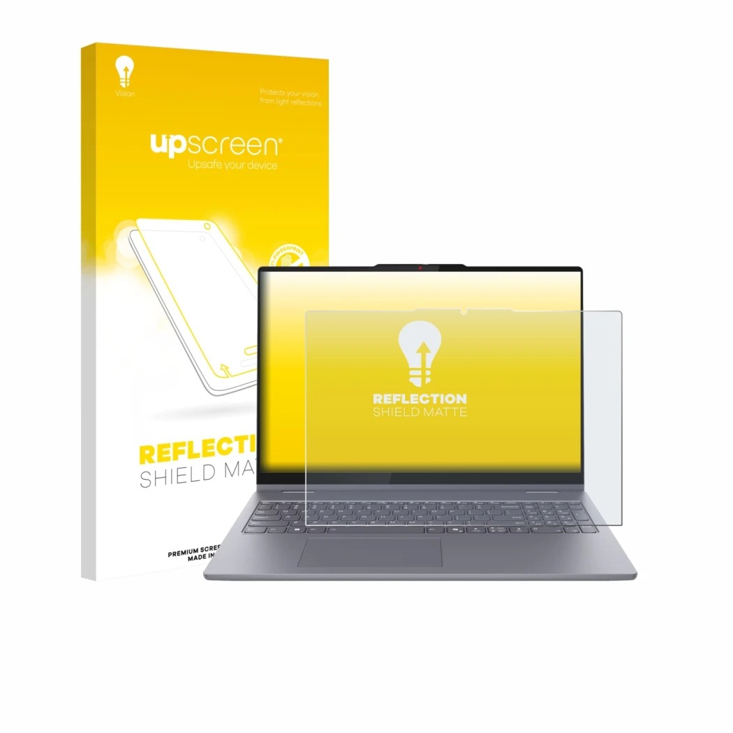 Parte frontal de un envase de producto con el logotipo de la marca upscreen. Al lado se muestra el dispositivo Lenovo IdeaPad 