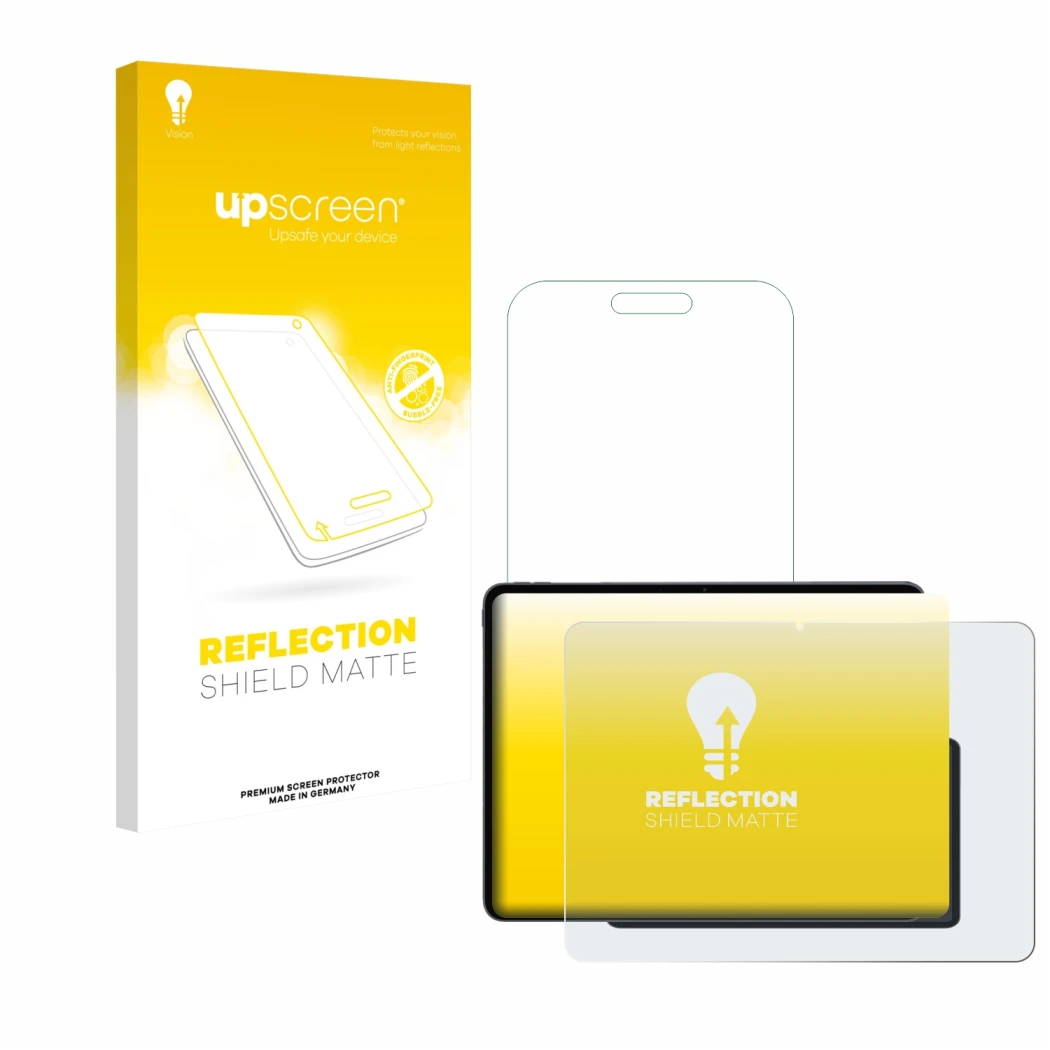 Parte frontal de un envase de producto con el logotipo de la marca upscreen. Al lado se muestra el dispositivo OnePlus Pad 3 c