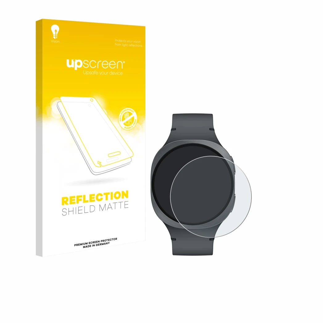 Parte frontal de un envase de producto con el logotipo de la marca upscreen. Al lado se muestra el dispositivo Samsung Galaxy 