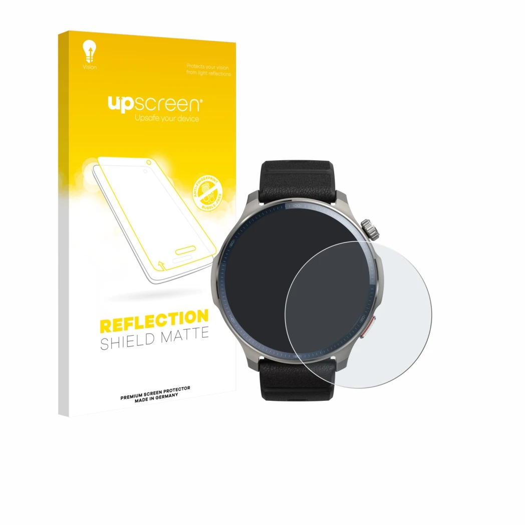 Parte frontal de un envase de producto con el logotipo de la marca upscreen. Al lado se muestra el dispositivo Huami Amazfit B