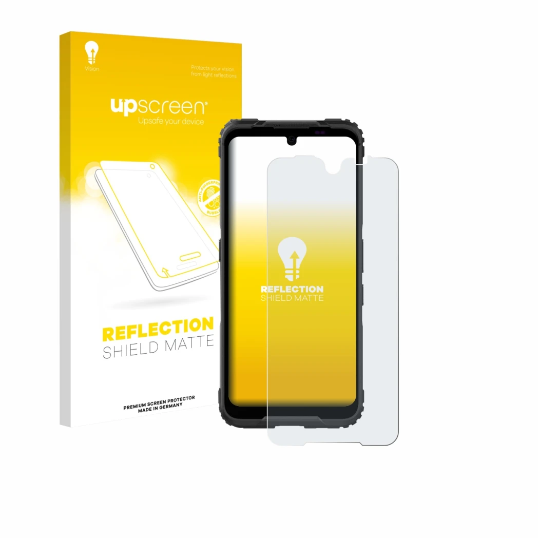 Parte frontal de un envase de producto con el logotipo de la marca upscreen. Al lado se muestra el dispositivo Hammer Blade 5G