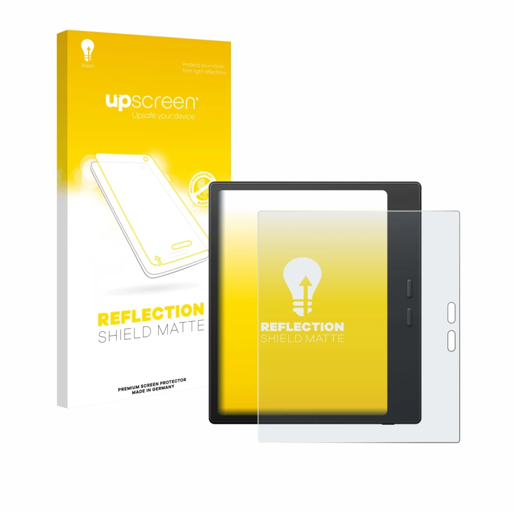 Parte frontal de un envase de producto con el logotipo de la marca upscreen. Al lado se muestra el dispositivo Boox Go Color 7