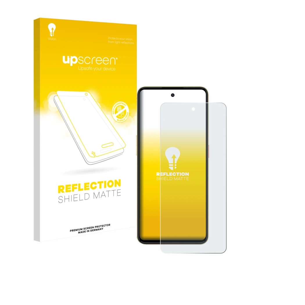 Parte frontal de un envase de producto con el logotipo de la marca upscreen. Al lado se muestra el dispositivo Nubia Neo 3 con