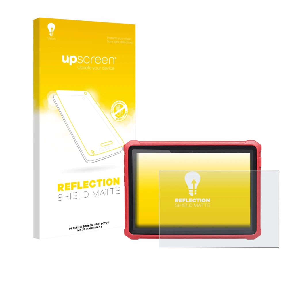 Parte frontal de un envase de producto con el logotipo de la marca upscreen. Al lado se muestra el dispositivo Launch X-431 Pr