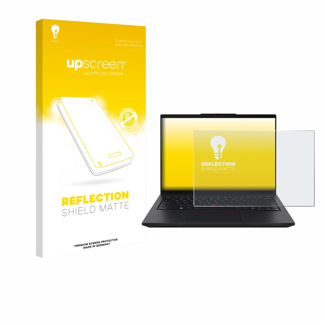 Parte frontal de un envase de producto con el logotipo de la marca upscreen. Al lado se muestra el dispositivo Lenovo ThinkPad