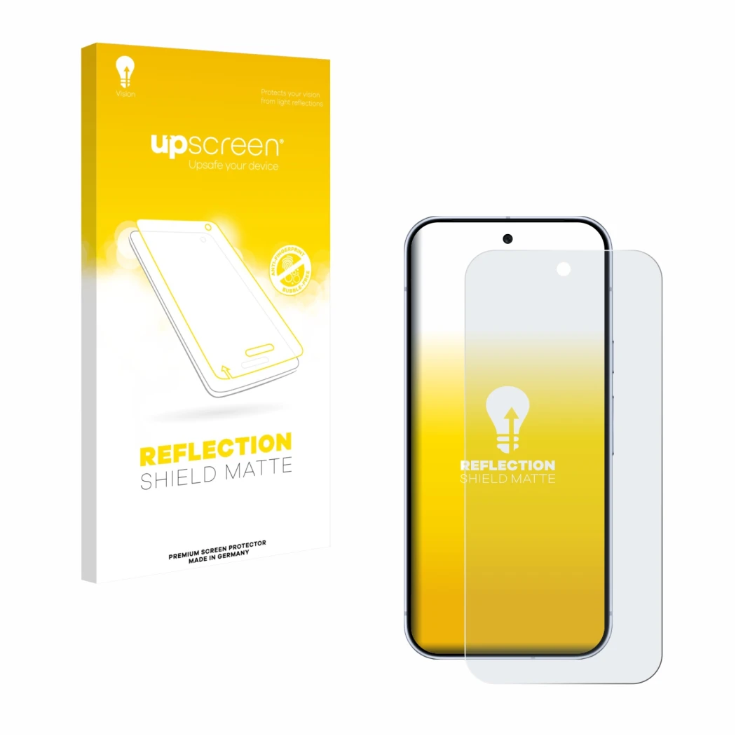 Parte frontal de un envase de producto con el logotipo de la marca upscreen. Al lado se muestra el dispositivo Google Pixel 10