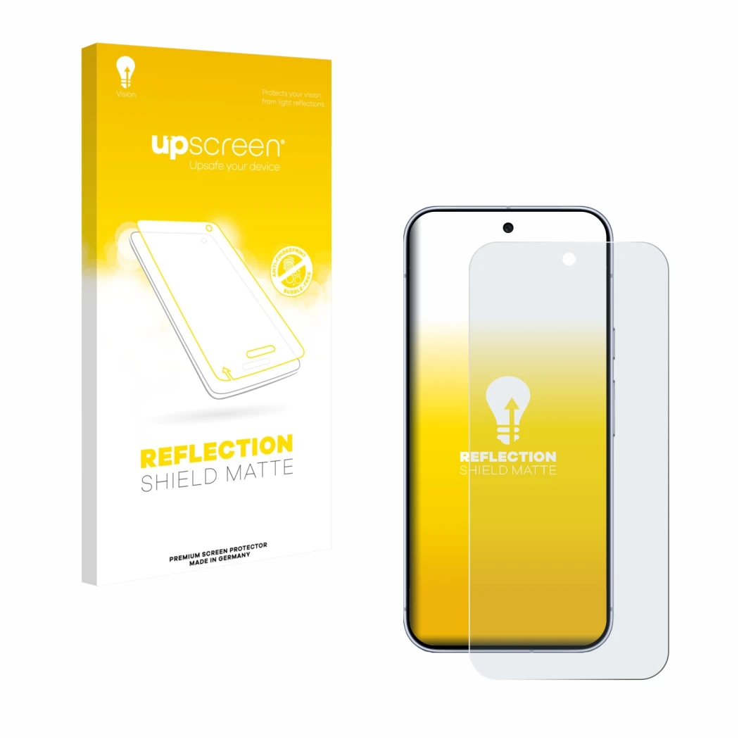 Parte frontal de un envase de producto con el logotipo de la marca upscreen. Al lado se muestra el dispositivo Google Pixel 10