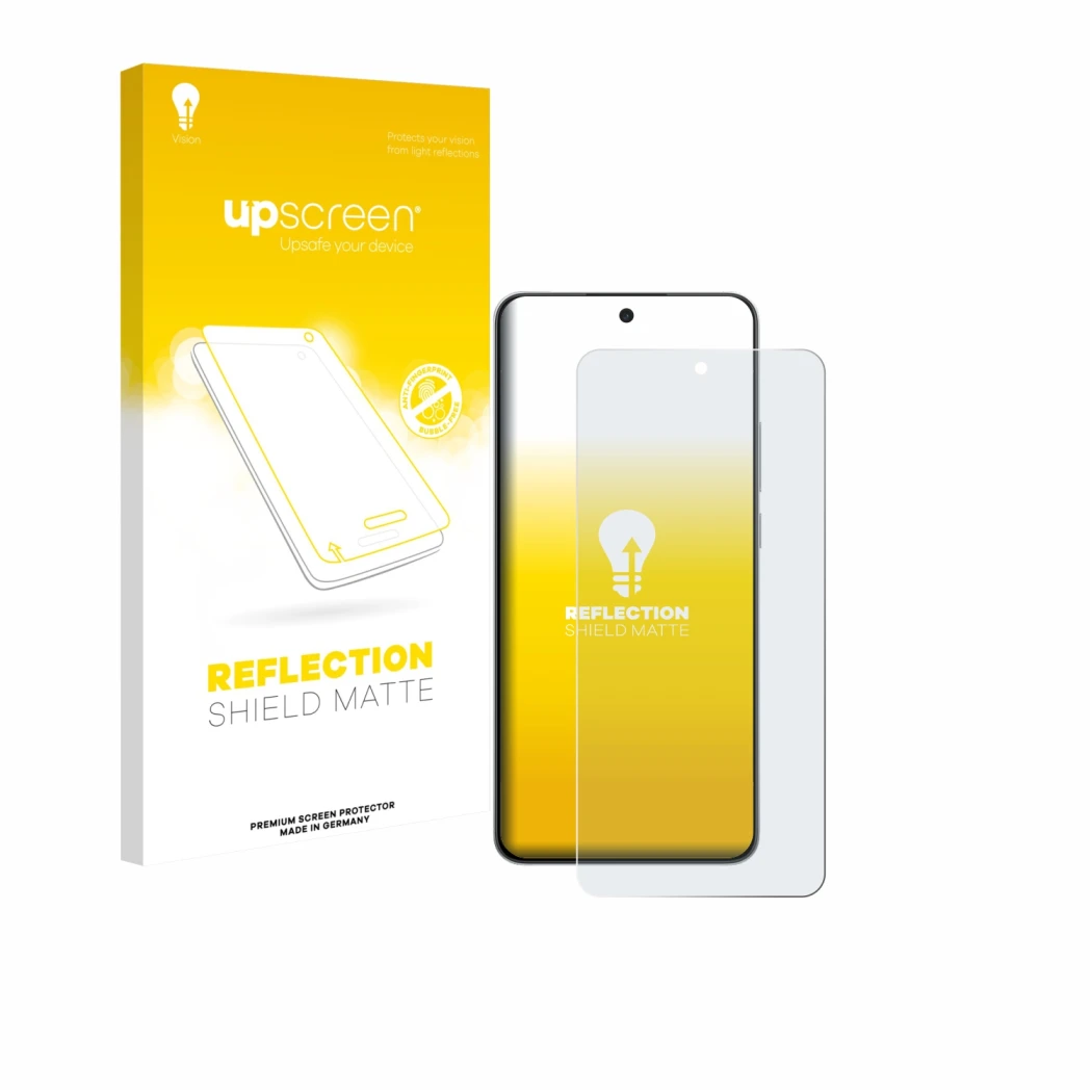 Parte frontal de un envase de producto con el logotipo de la marca upscreen. Al lado se muestra el dispositivo OnePlus Nord CE