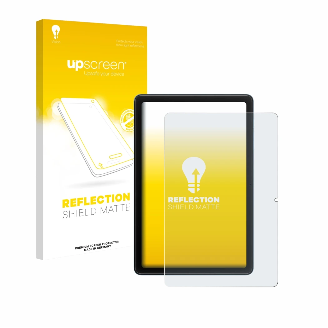Parte frontal de un envase de producto con el logotipo de la marca upscreen. Al lado se muestra el dispositivo Blackview Tab 2