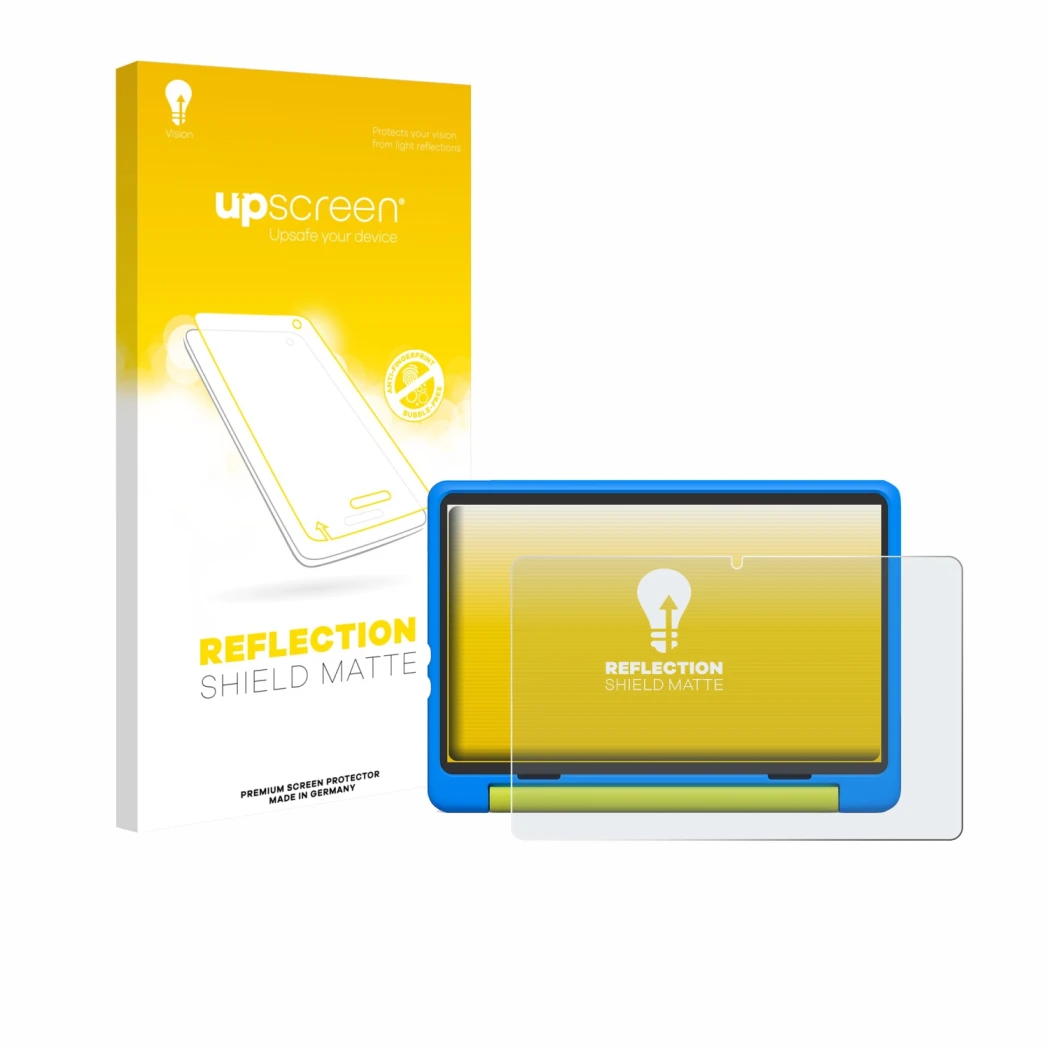 Parte frontal de un envase de producto con el logotipo de la marca upscreen. Al lado se muestra el dispositivo Happybe Kids Ta