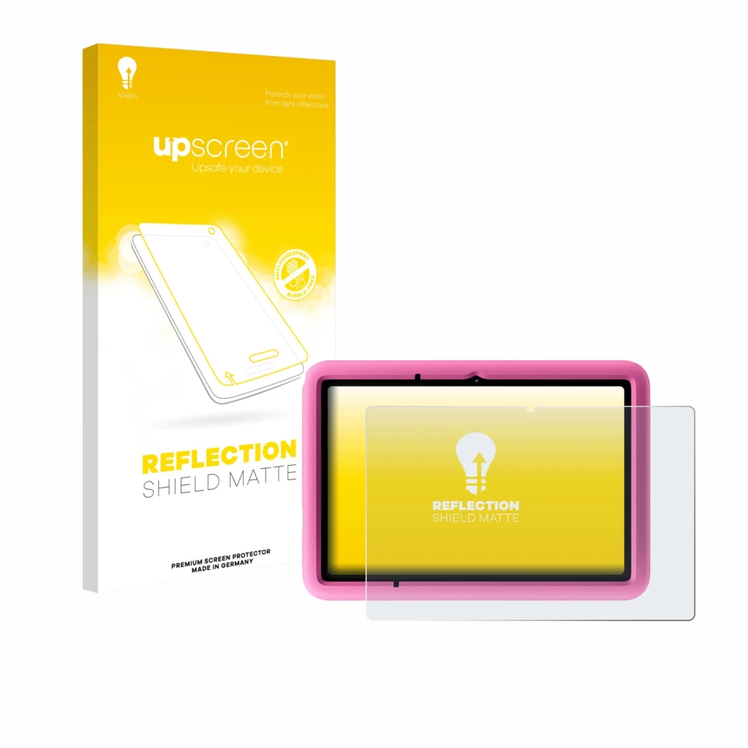 Parte frontal de un envase de producto con el logotipo de la marca upscreen. Al lado se muestra el dispositivo Blackview Tab A