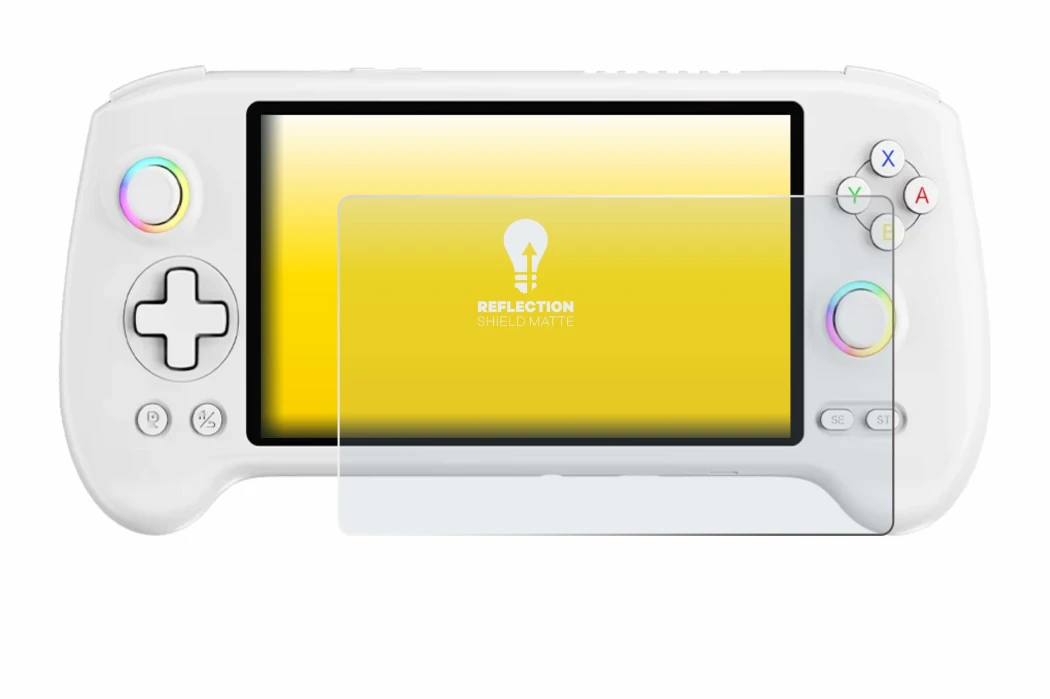 Imagen del dispositivo Anbernic RG557 con una amplia variedad de protectores de pantalla.