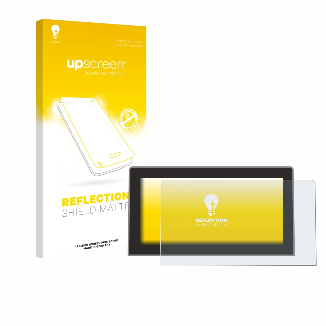 Parte frontal de un envase de producto con el logotipo de la marca upscreen. Al lado se muestra el dispositivo Volkswagen Tigu