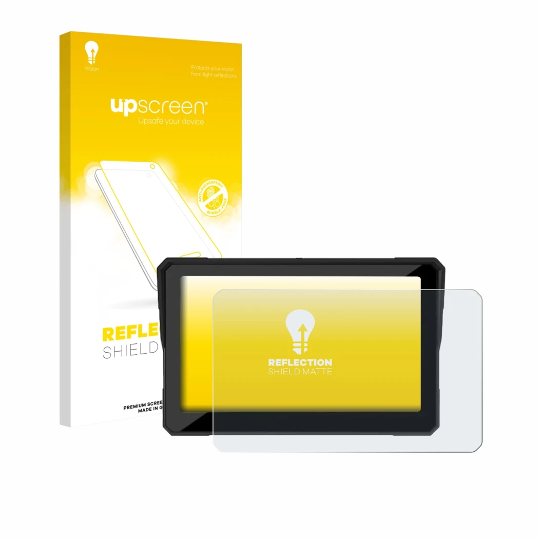 Parte frontal de un envase de producto con el logotipo de la marca upscreen. Al lado se muestra el dispositivo Carpuride W702S
