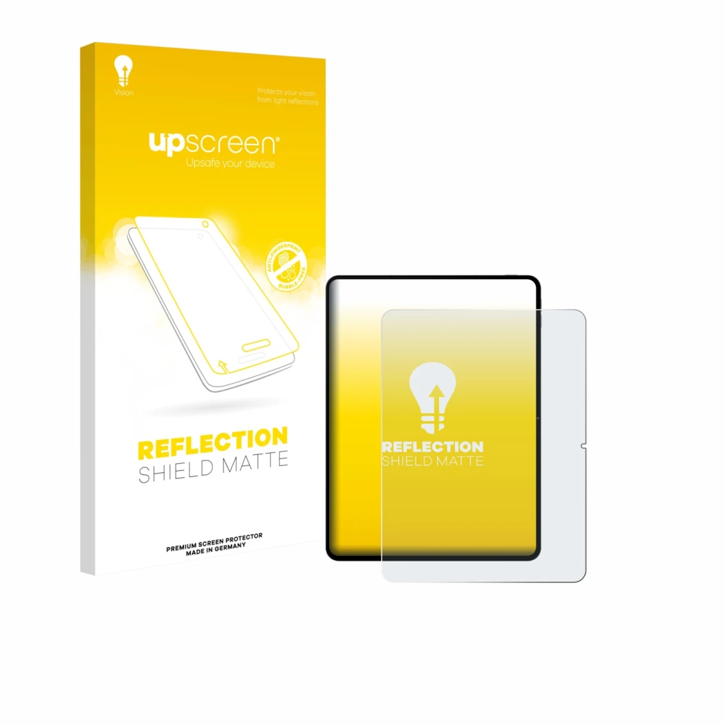 Parte frontal de un envase de producto con el logotipo de la marca upscreen. Al lado se muestra el dispositivo Teclast Artpad