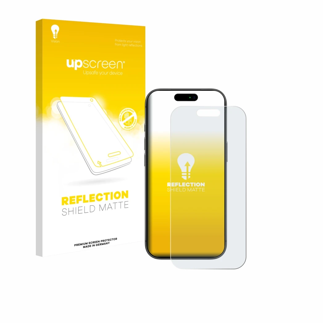 Parte frontal de un envase de producto con el logotipo de la marca upscreen. Al lado se muestra el dispositivo Apple iPhone 17