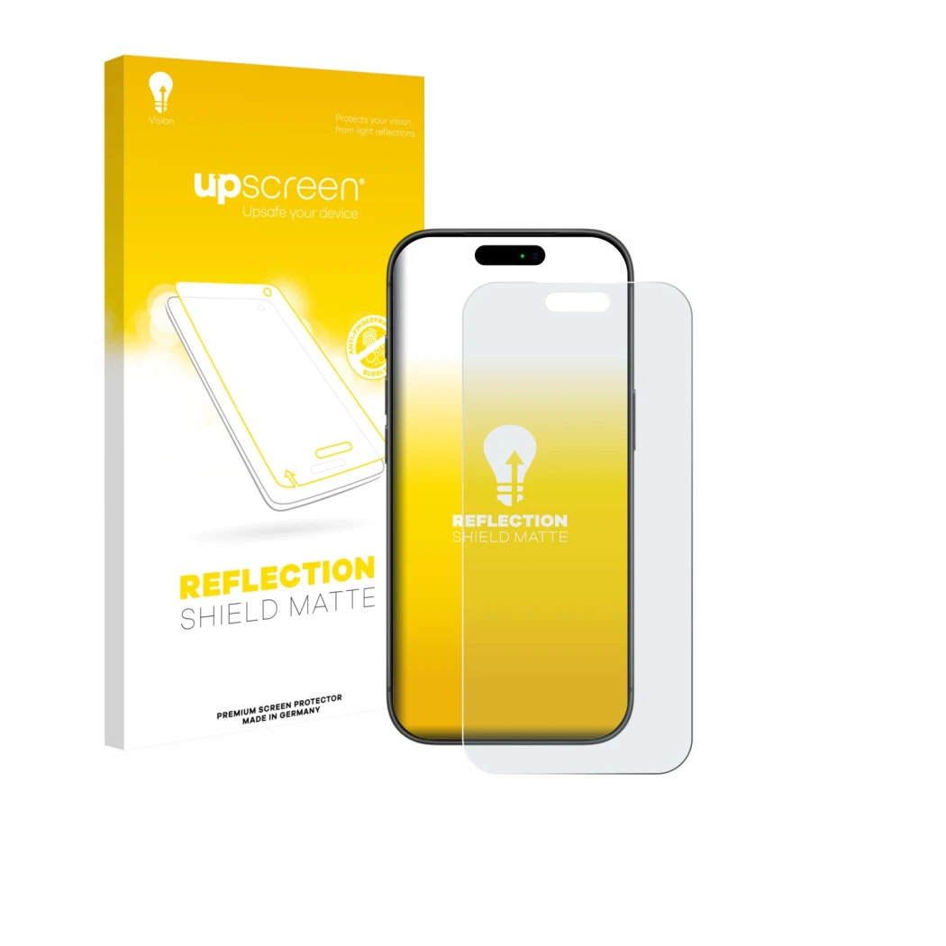 Parte frontal de un envase de producto con el logotipo de la marca upscreen. Al lado se muestra el dispositivo Apple iPhone 17