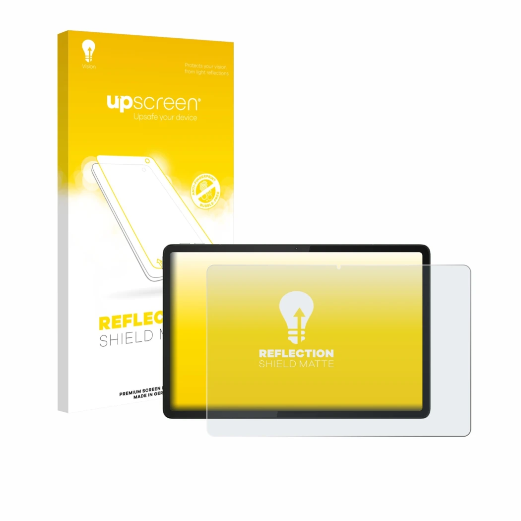 Parte frontal de un envase de producto con el logotipo de la marca upscreen. Al lado se muestra el dispositivo Lenovo Tab K11e