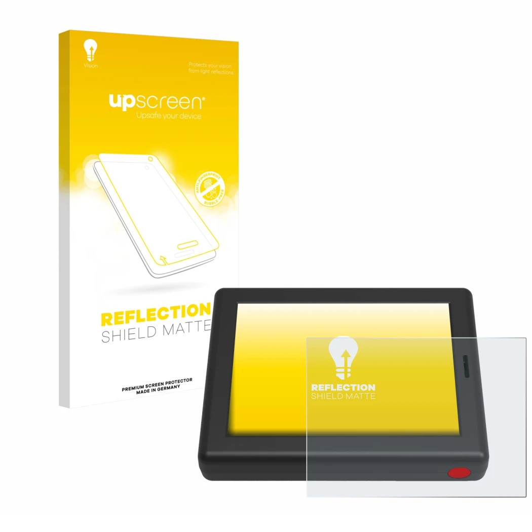 Parte frontal de un envase de producto con el logotipo de la marca upscreen. Al lado se muestra el dispositivo XC Tracer Maxx
