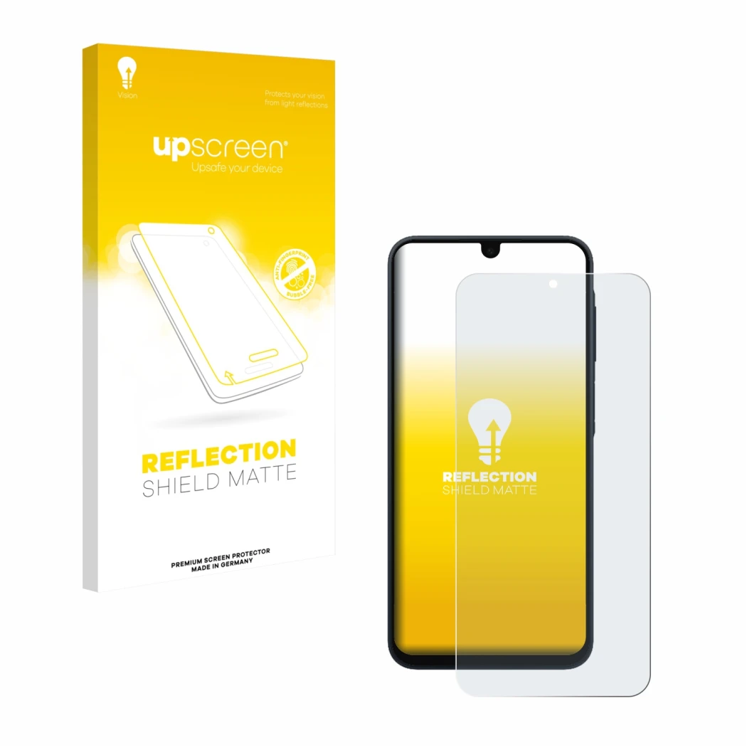 Parte frontal de un envase de producto con el logotipo de la marca upscreen. Al lado se muestra el dispositivo Samsung Galaxy 