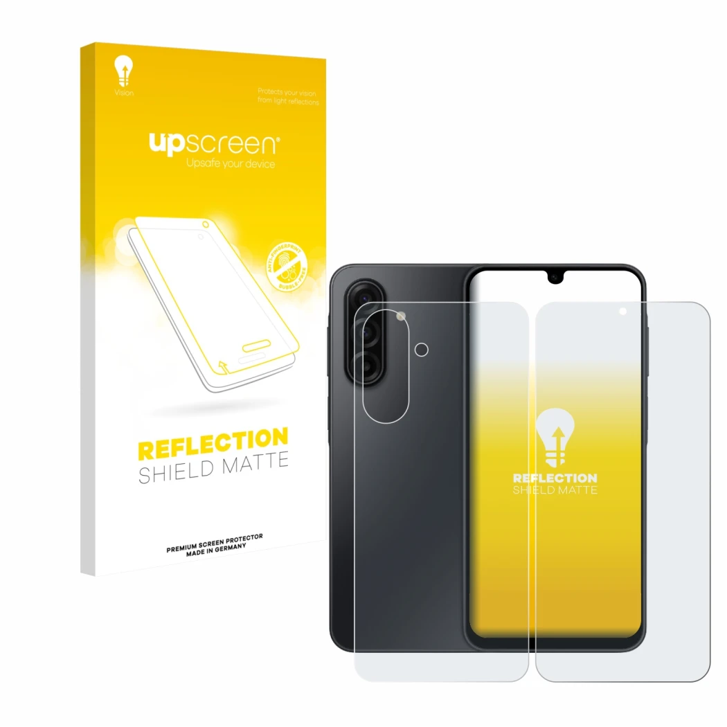 Parte frontal de un envase de producto con el logotipo de la marca upscreen. Al lado se muestra el dispositivo Samsung Galaxy 