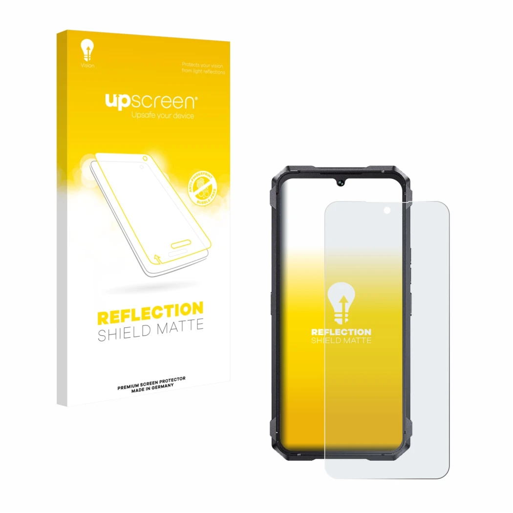 Parte frontal de un envase de producto con el logotipo de la marca upscreen. Al lado se muestra el dispositivo Cubot King Kong