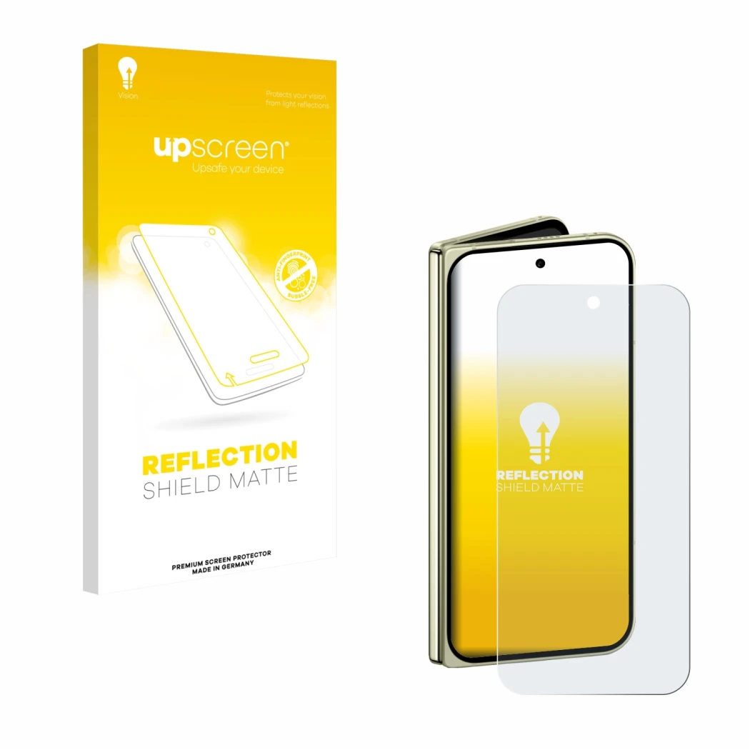 Parte frontal de un envase de producto con el logotipo de la marca upscreen. Al lado se muestra el dispositivo Google Pixel 10
