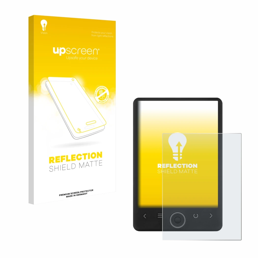 Parte frontal de un envase de producto con el logotipo de la marca upscreen. Al lado se muestra el dispositivo SPC Light 2 con