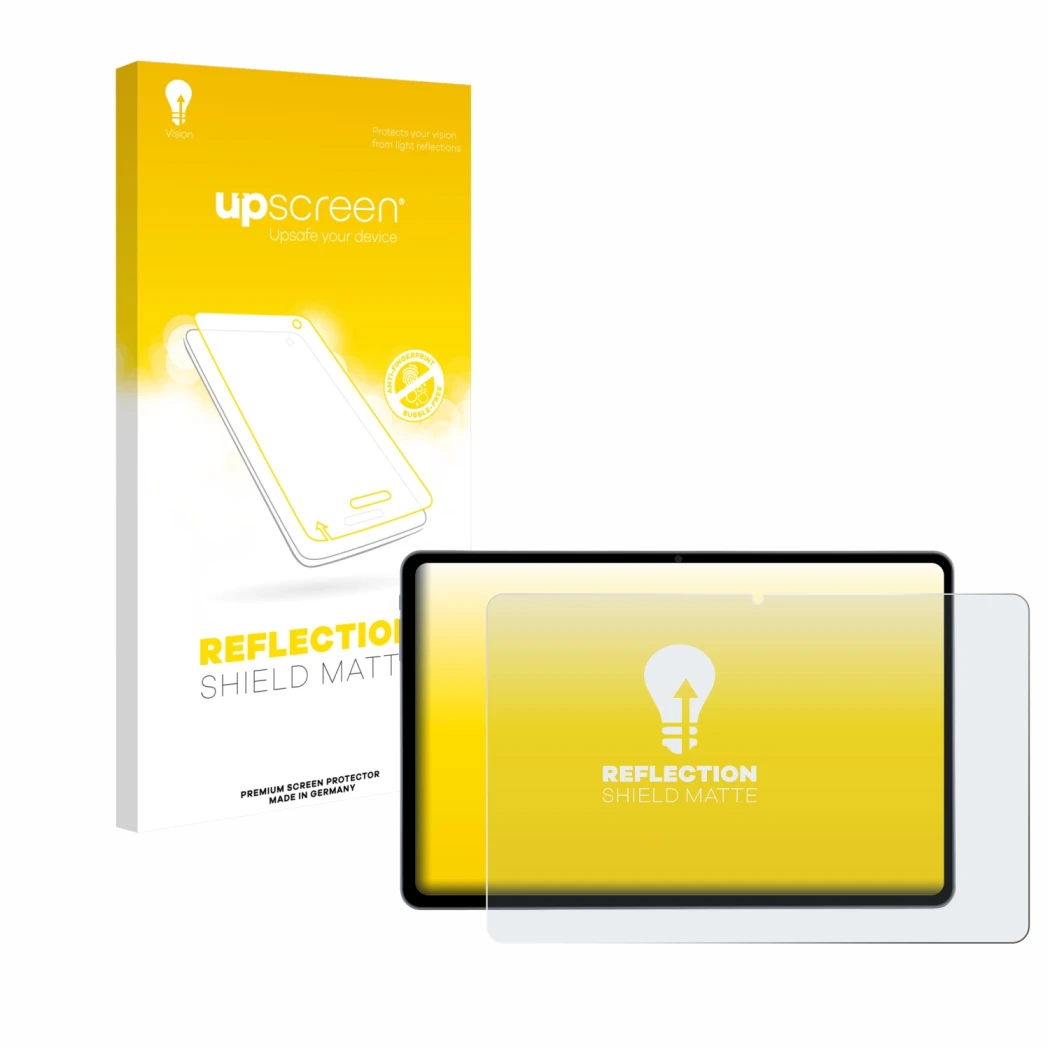 Parte frontal de un envase de producto con el logotipo de la marca upscreen. Al lado se muestra el dispositivo Acepad HIGH Tab