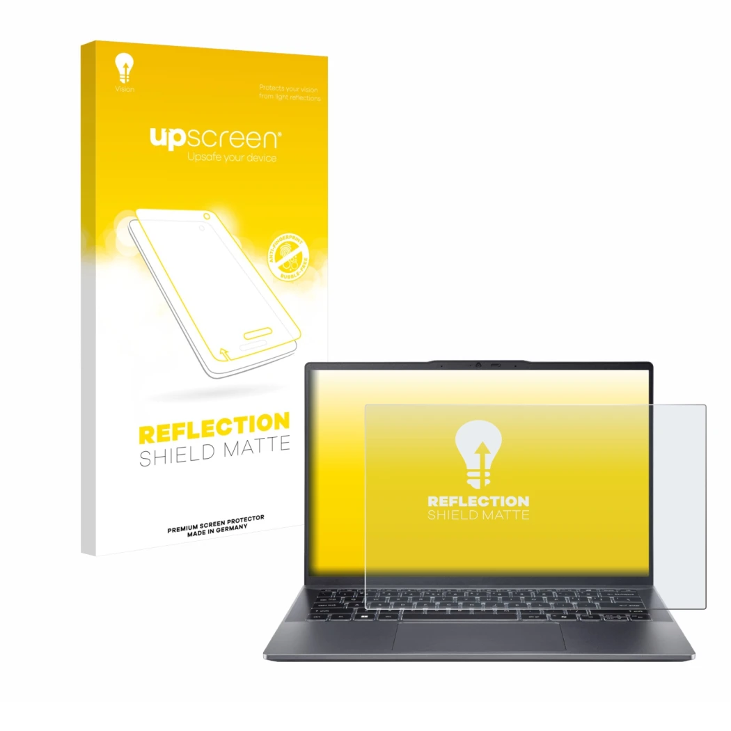 Parte frontal de un envase de producto con el logotipo de la marca upscreen. Al lado se muestra el dispositivo Acer Swift Go 1