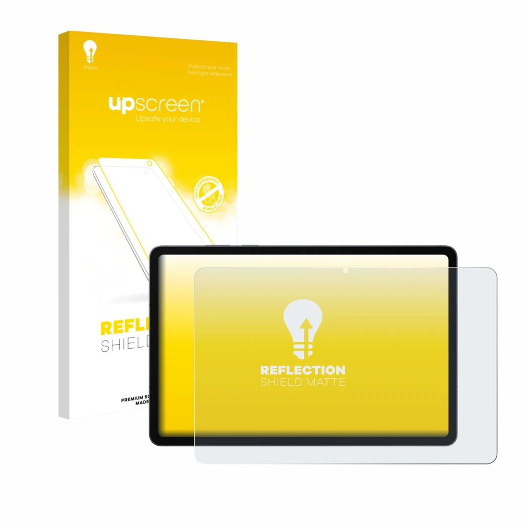 Parte frontal de un envase de producto con el logotipo de la marca upscreen. Al lado se muestra el dispositivo Samsung Galaxy 