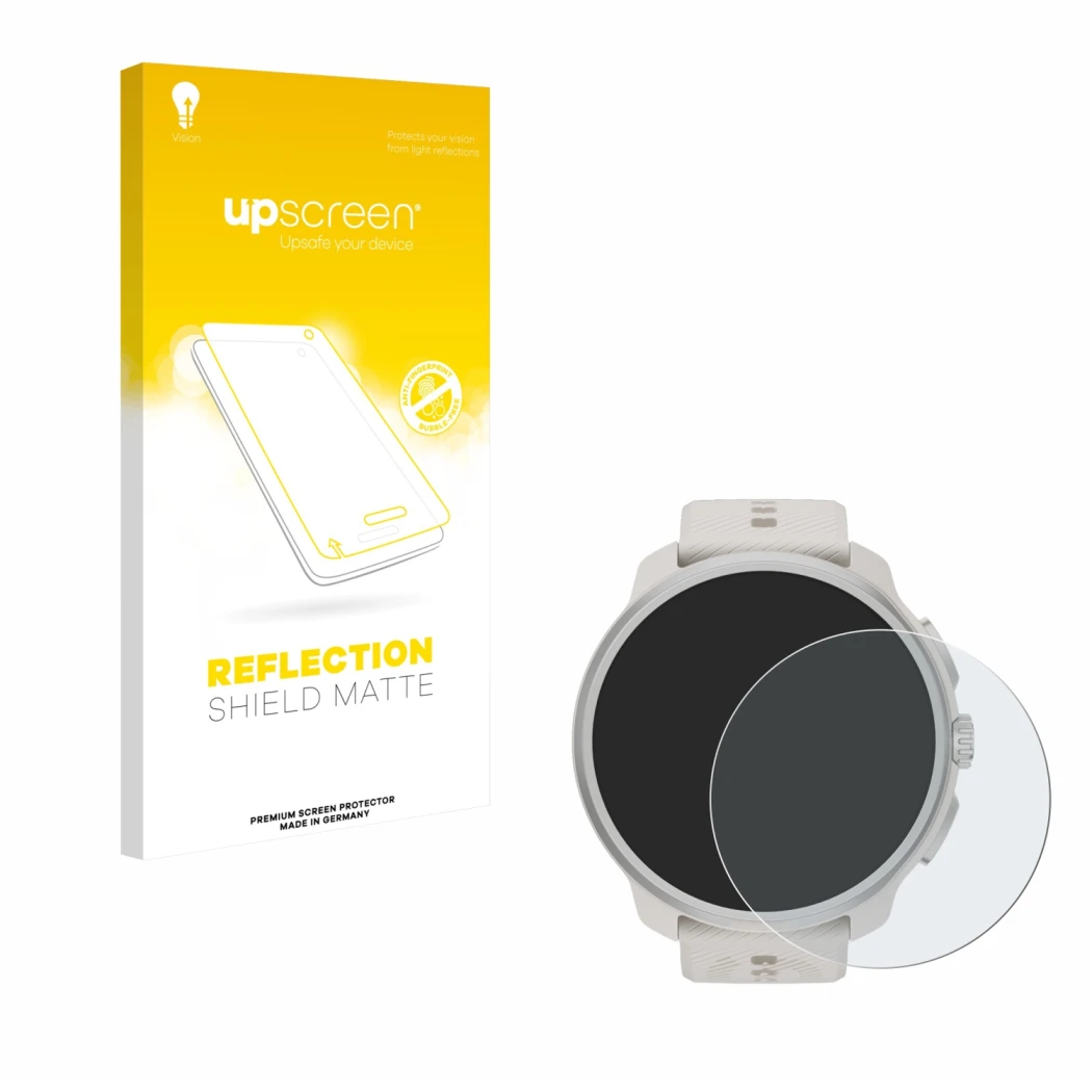 Parte frontal de un envase de producto con el logotipo de la marca upscreen. Al lado se muestra el dispositivo Suunto Race 2 c