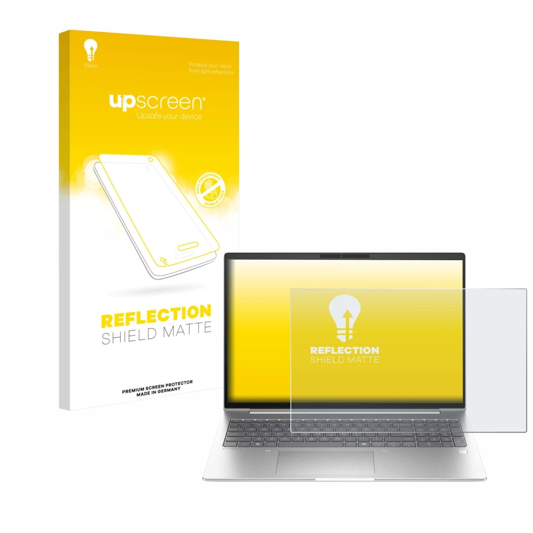 Parte frontal de un envase de producto con el logotipo de la marca upscreen. Al lado se muestra el dispositivo HP EliteBook 6 