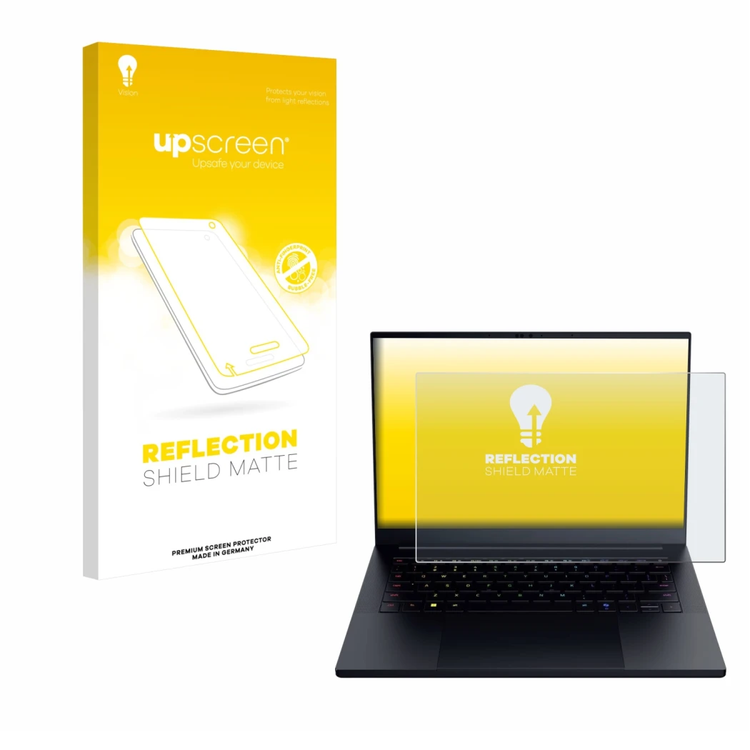 Parte frontal de un envase de producto con el logotipo de la marca upscreen. Al lado se muestra el dispositivo Razer Blade 14 