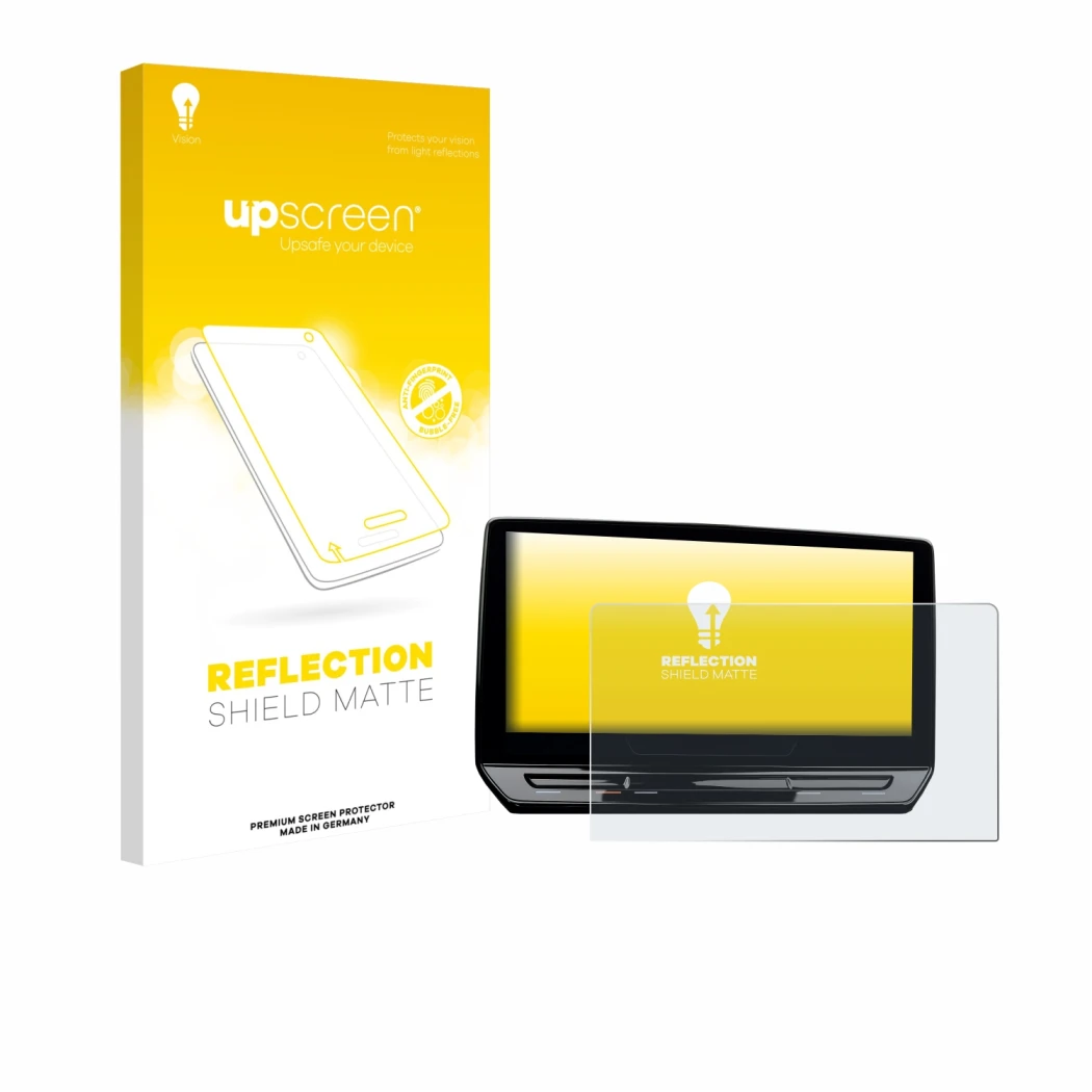 Parte frontal de un envase de producto con el logotipo de la marca upscreen. Al lado se muestra el dispositivo Cupra Leon Spor