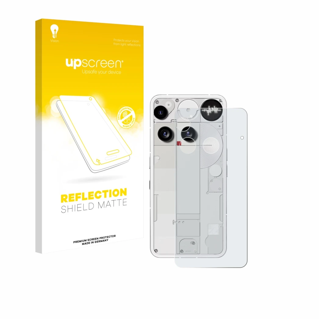 Parte frontal de un envase de producto con el logotipo de la marca upscreen. Al lado se muestra el dispositivo Nothing Phone (