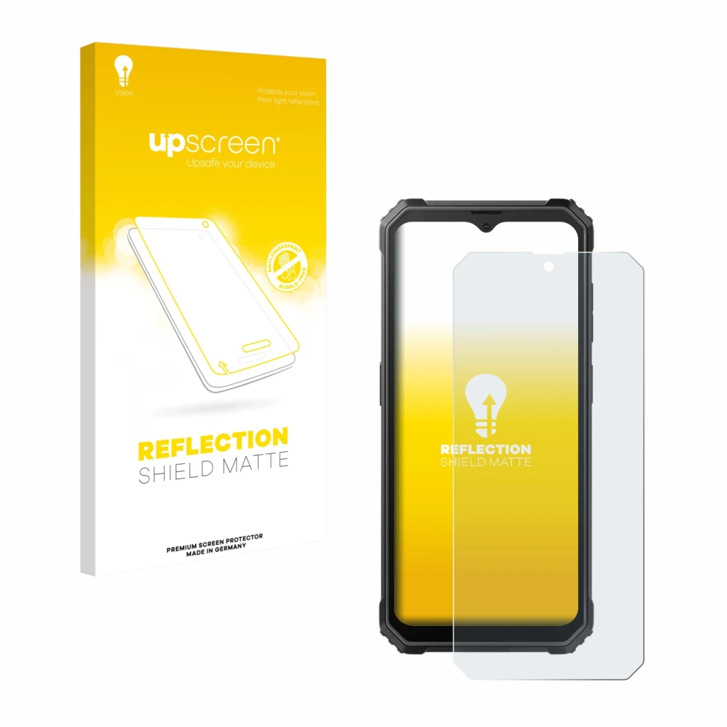 Parte frontal de un envase de producto con el logotipo de la marca upscreen. Al lado se muestra el dispositivo Blackview BV480