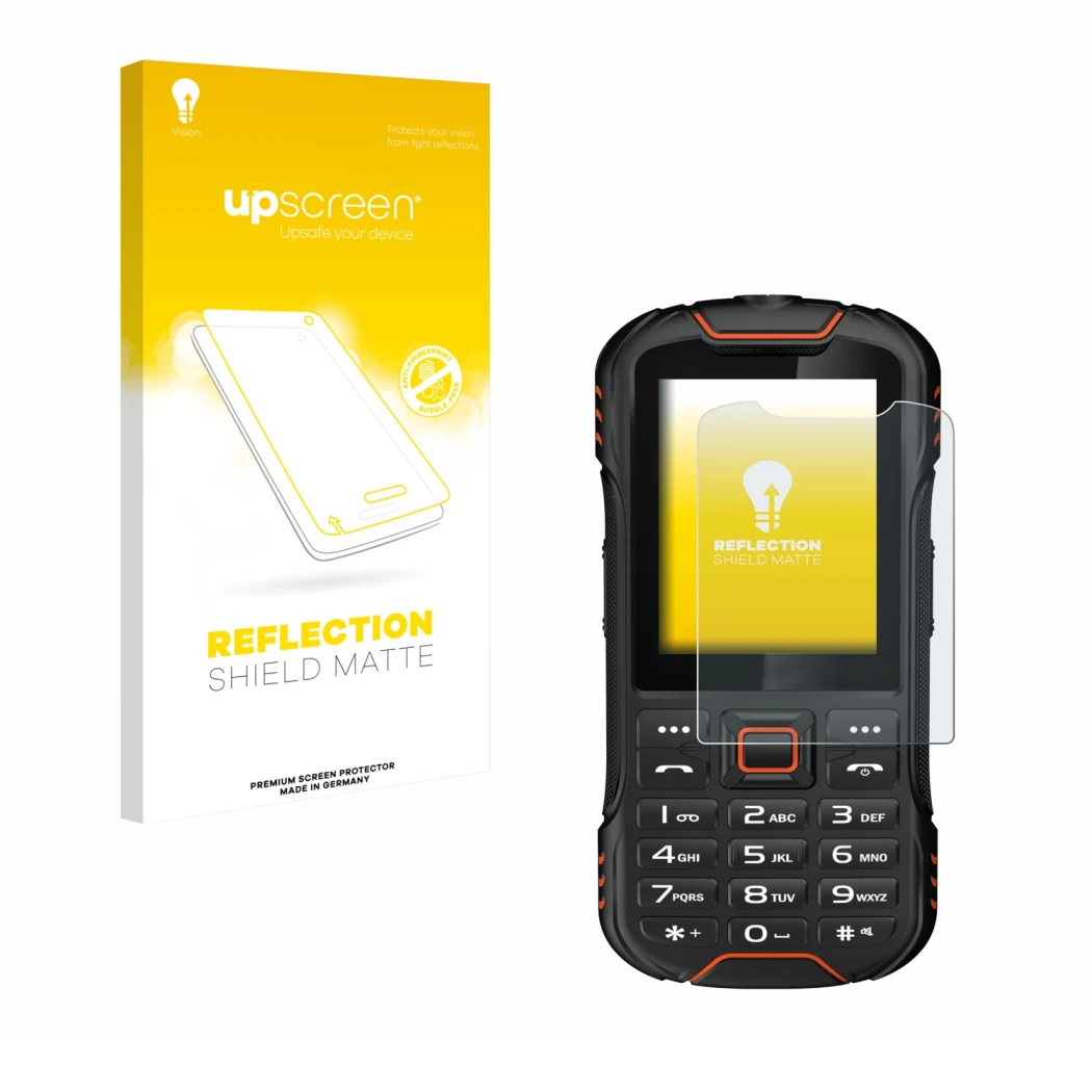 Parte frontal de un envase de producto con el logotipo de la marca upscreen. Al lado se muestra el dispositivo Gigaset GLX8 co